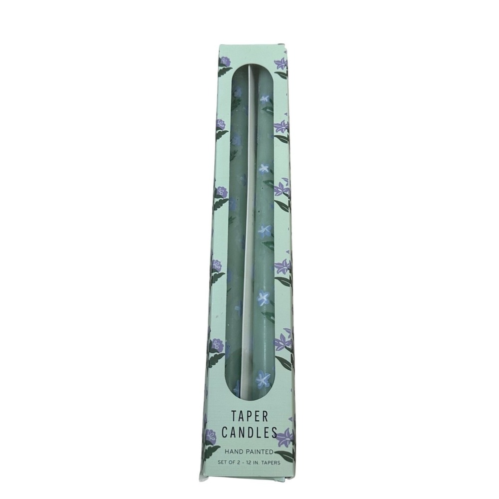 Anthropologie Hand Painted Floral Taper Candles 12 Inch Mint Green Set of 2 NEW